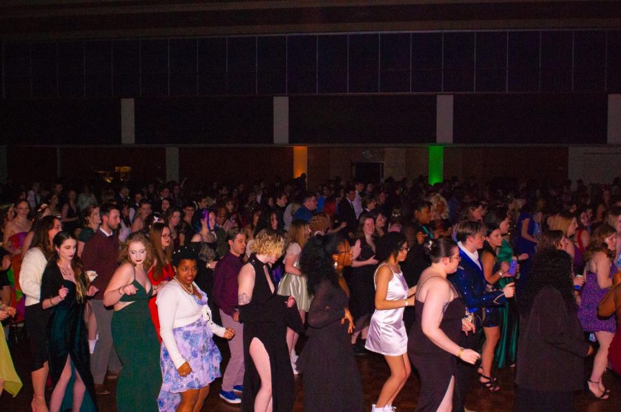 Kent State students doing the Cha-Cha slide at the Enchanted formal hosted by FAB on February 11, 2023.