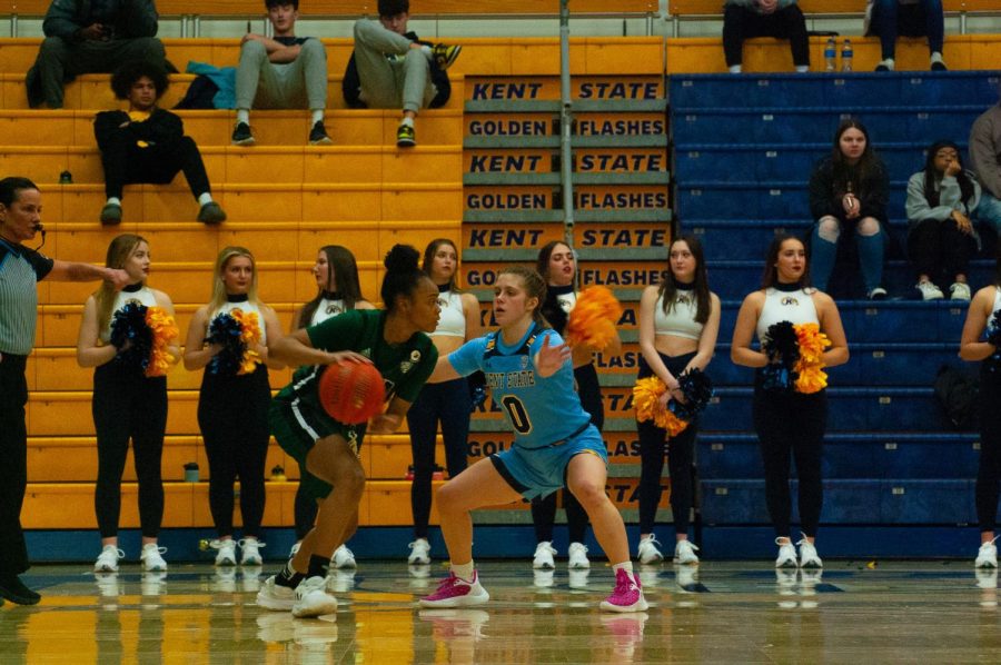 Kent State junior Casey Santoro guarding Ohio University junior Kailah Johnson from making her next move during the game on February 22, 2023. 