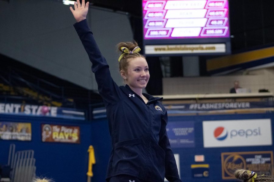 Kent State gymnast Rachel Decavitch winning in the all-category with a score of 39.425 on Feb. 19, 2023