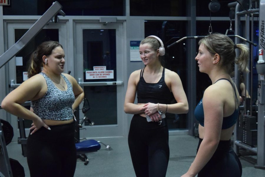 Members of the Ladies Lift group, which meet every Wednesday at the REC at 6:30 p.m., sociallize between sets.