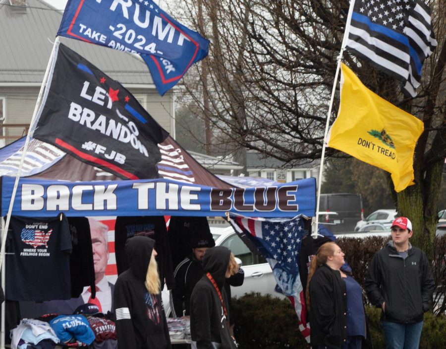 A merchandise tent in the center of town in East Palestine Feb. 22. Donald Trump and Donald Trump Jr. came to address the city in wake of the train derailment on Feb. 3.