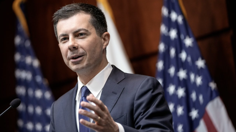 Secretary of Transportation Pete Buttigieg speaks during an event about fuel economy standards at the headquarters of the Department of Transportation April 1, 2022 in Washington, DC. (Drew Angerer/Getty Images/File)