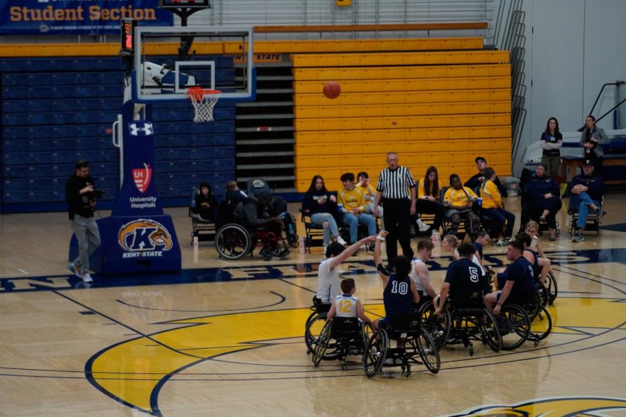 A three-point shot from Franklin Nicola on the Austintown Wheelchair Falcons heads toward the hoop on Feb. 25, 2023.