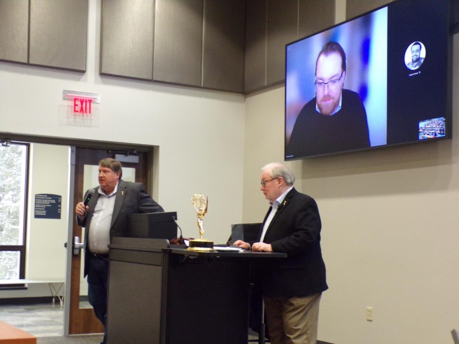 Ted O Reilley gives a guest lecture to students on the Emmy Awards, along with fellow guest lecturer Adam Sharp during the guest speech on March 14, 2023.