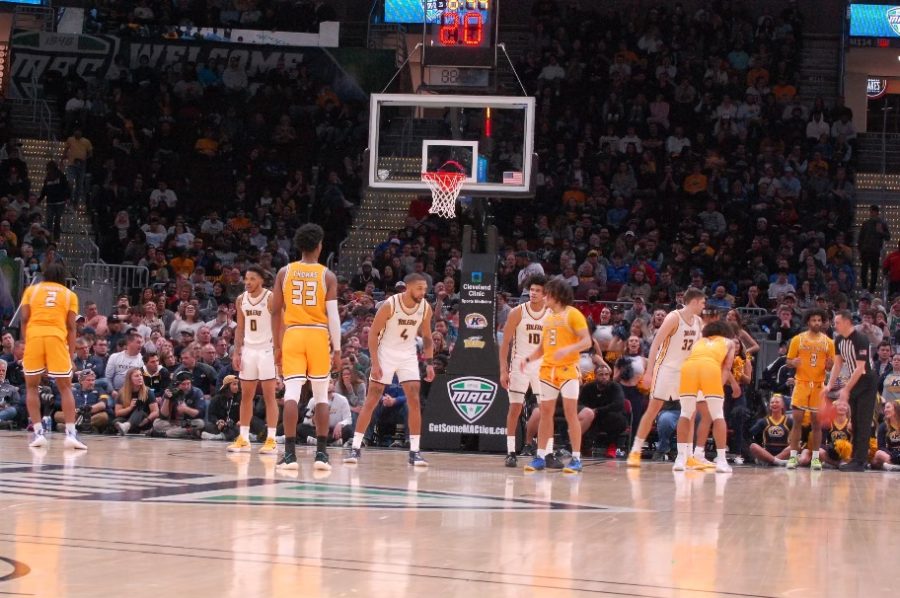 The Kent State Men’s basketball team set up in an offensive formation against UT during the MAC Tournament Championship  March 11, 2023. They would win the game 93-73. 