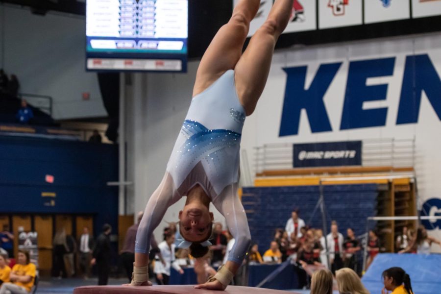 Kent State senior Rachel DeCavitch leaps into a vault during the Gymnastics MAC Tournament March 18, 2023. The Kent team finished the tournament in third place. 