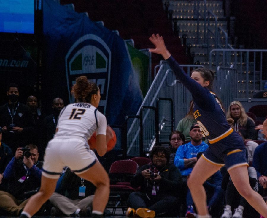 Kent State Senior Clare Kelly blocking UT Jayda Jenson from making a shot during the MAC Tournament Semifinal game on March 10, 2023. 