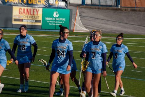 Kent State womens lacrosse teaming coming off the field at half-time during the game against Delaware State on March 8, 2023.