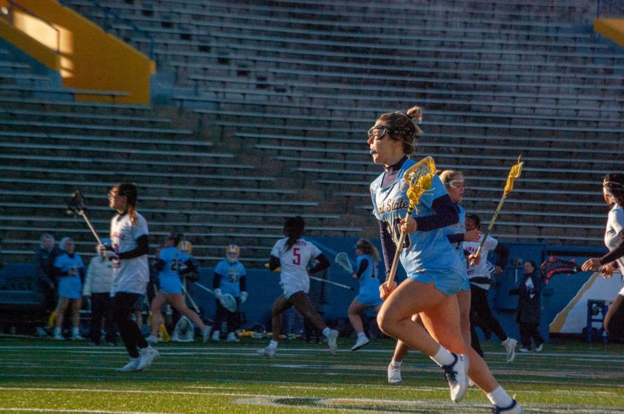 Kent State sophomore Megan Cook making her way toward the goal during the game against Delaware State on March 8, 2023. 