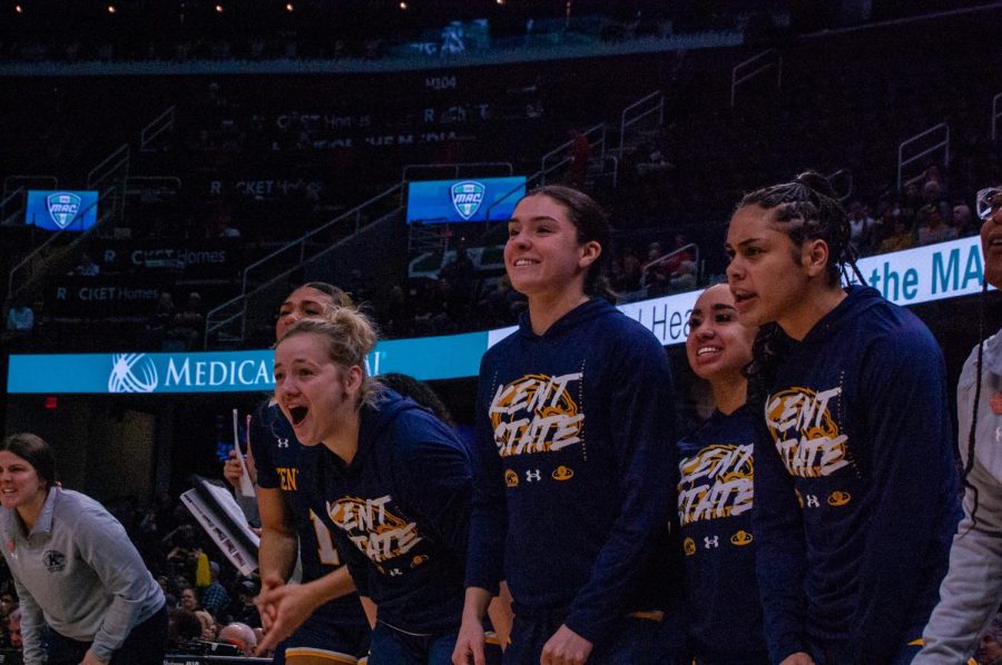 Kent State bench cheering on their teammates during the MAC Tournament Semifinal game against UT on March 10, 2023. 