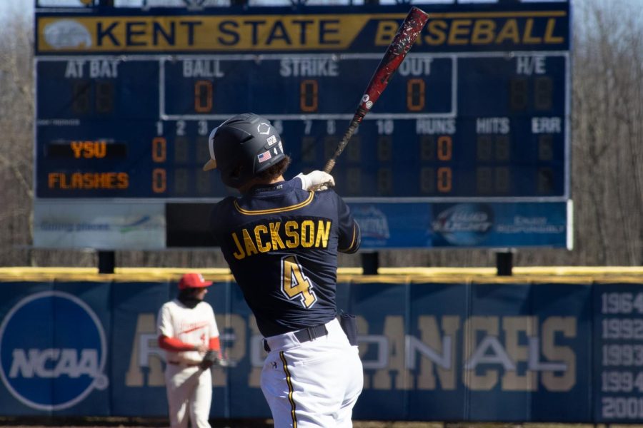 Third baseman Kyle Jackson starting off for the Kent State Golden Flashes into the game against Youngstown State University March 7, 2023.