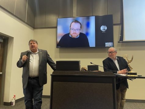 Bob Hammer (left), Adam Sharp (above) and Terry OReilly (right) tell guests about the National Academy of Television of Arts and Sciences March 14. The purpose of the lecture was to inform and educate students on NATAS and the history of the Emmys.