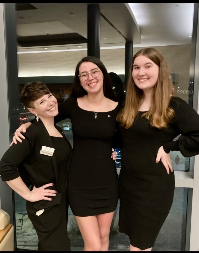 Josie Vano (left) with her sorority sisters Faith Shoaff (middle) and Alex Jensen (right) at the Tri Sigma Night Live Event. Vano joined Tri Sigma in fall 2021.