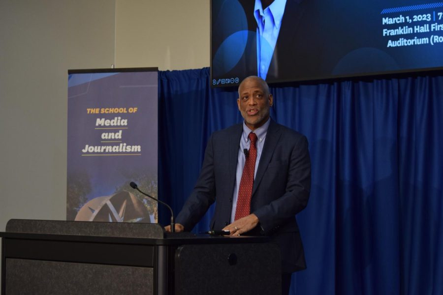 Mizell Stewart III speaks in Franklin Hall  March 1, 2023 at the third annual Dix lecture in media and ethics.
