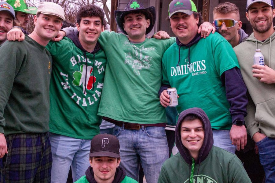 A group of friends that traveled from Philly celebrates Fake Paddys day with their Kent State friends March 11, 2023. 