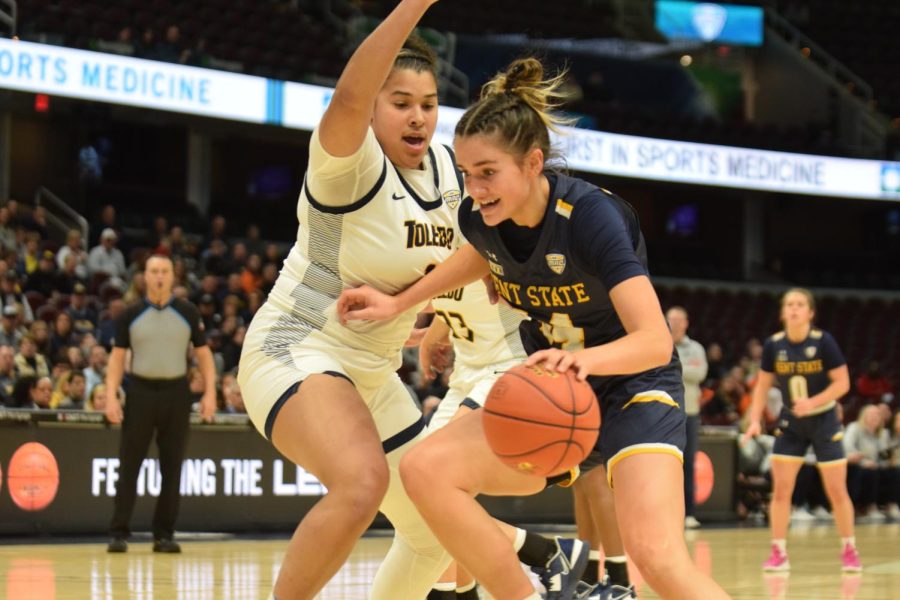 University of Toledo Junior Nan Garcia attempts to block Kent State graduate student Lindsey Thall as she goes for a layup at the MAC Tournament Semifinals on March 10, 2022.