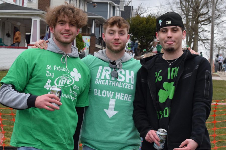 Kent State Students stand outside Phi Deltas fraternity house, trying to stay warm and have a good time during Fake Paddys Day parties.