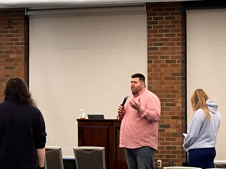 Billy Boulden, assistant dean of students for development and student learning, and director of sorority and fraternity engagement at Iowa State University, leads a safe drinking workshop held by USG and FSL in the Student Center April 19.