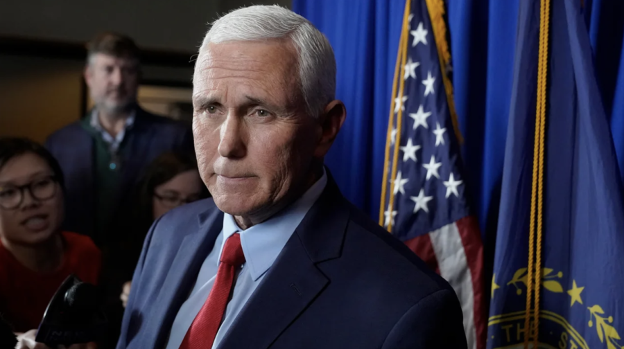 Former Vice President Mike Pence faces reporters after making remarks at a GOP fundraising dinner on March 16, in Keene, New Hampshire.
(Steven Senne/AP)
