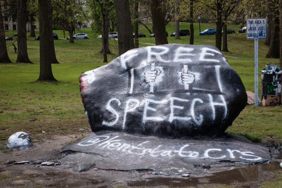 Kent State College Republicans painted The Rock with a message advocating for freedom of speech on May 1, 2023.