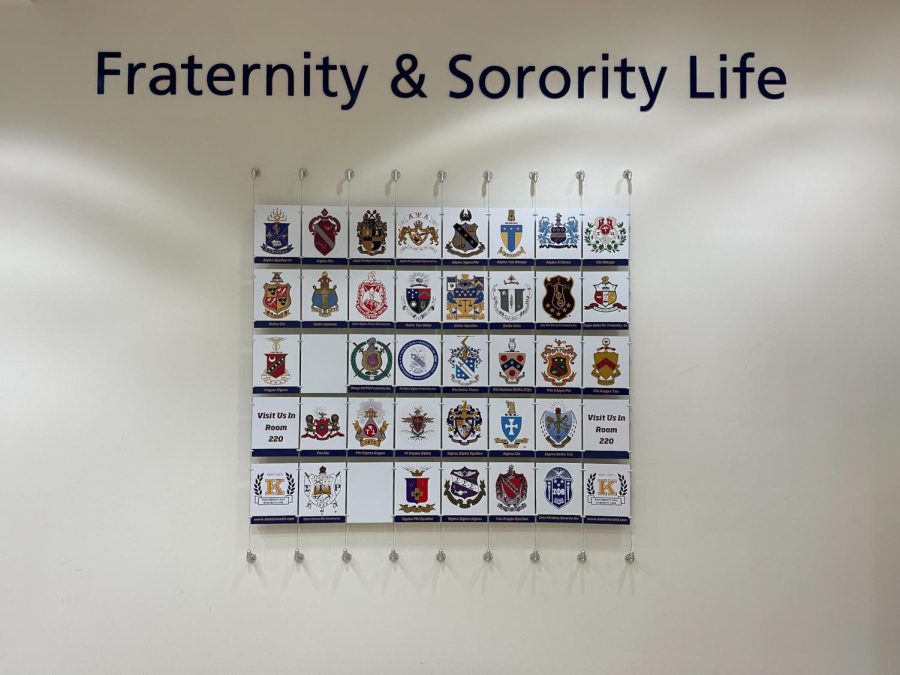 In the Student Center, a wall showcases different fraternities and sororities on campus on May 1, 2023.