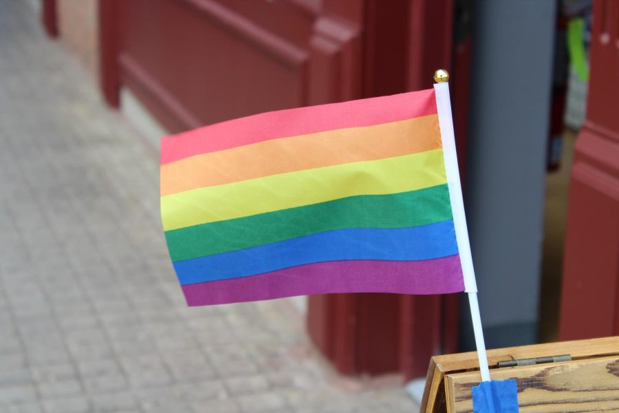 A Pride flag is displayed in downtown Kent in June 2023. 