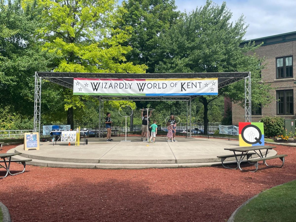 Banner and games in Hometown Bank Plaza at the 2023 Wizardly Weekend.