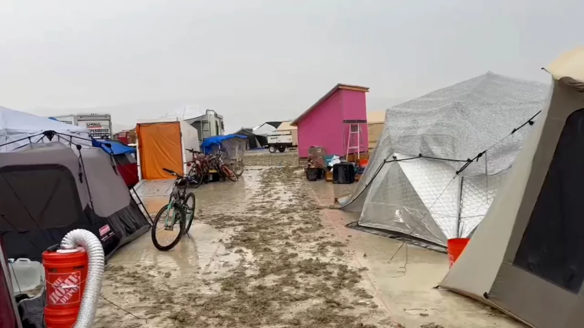 Heavy rain turns to mud at Burning Man in Black Rock Desert, Nevada, on September 2, 2023. (Eddie Codel)