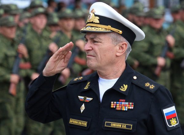 Commander of the Russian Black Sea Fleet Vice-Admiral Viktor Sokolov salutes during a send-off ceremony for reservists drafted during partial mobilisation, in Sevastopol, Crimea, on September 27, 2022. 