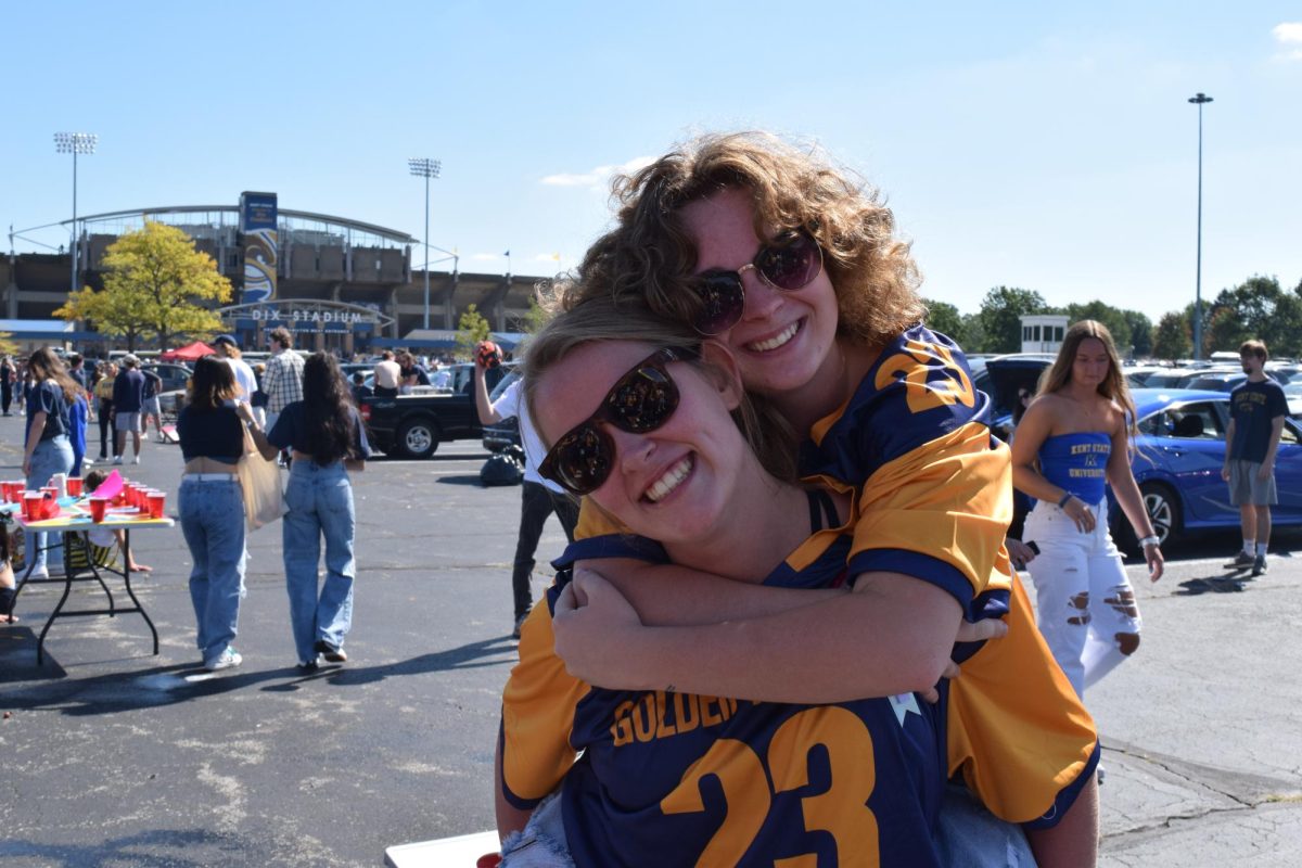 Kent State students Katie Custer and Sydney Sanders pose outside Dix Stadium before the football game on Sept. 16, 2023.