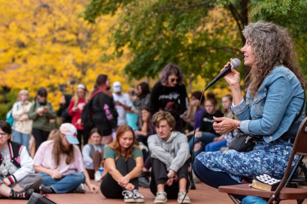Campus preacher Cindy Smock speaks to a gathered crowd at Kent States Risman Plaza on Sept. 26, 2023.