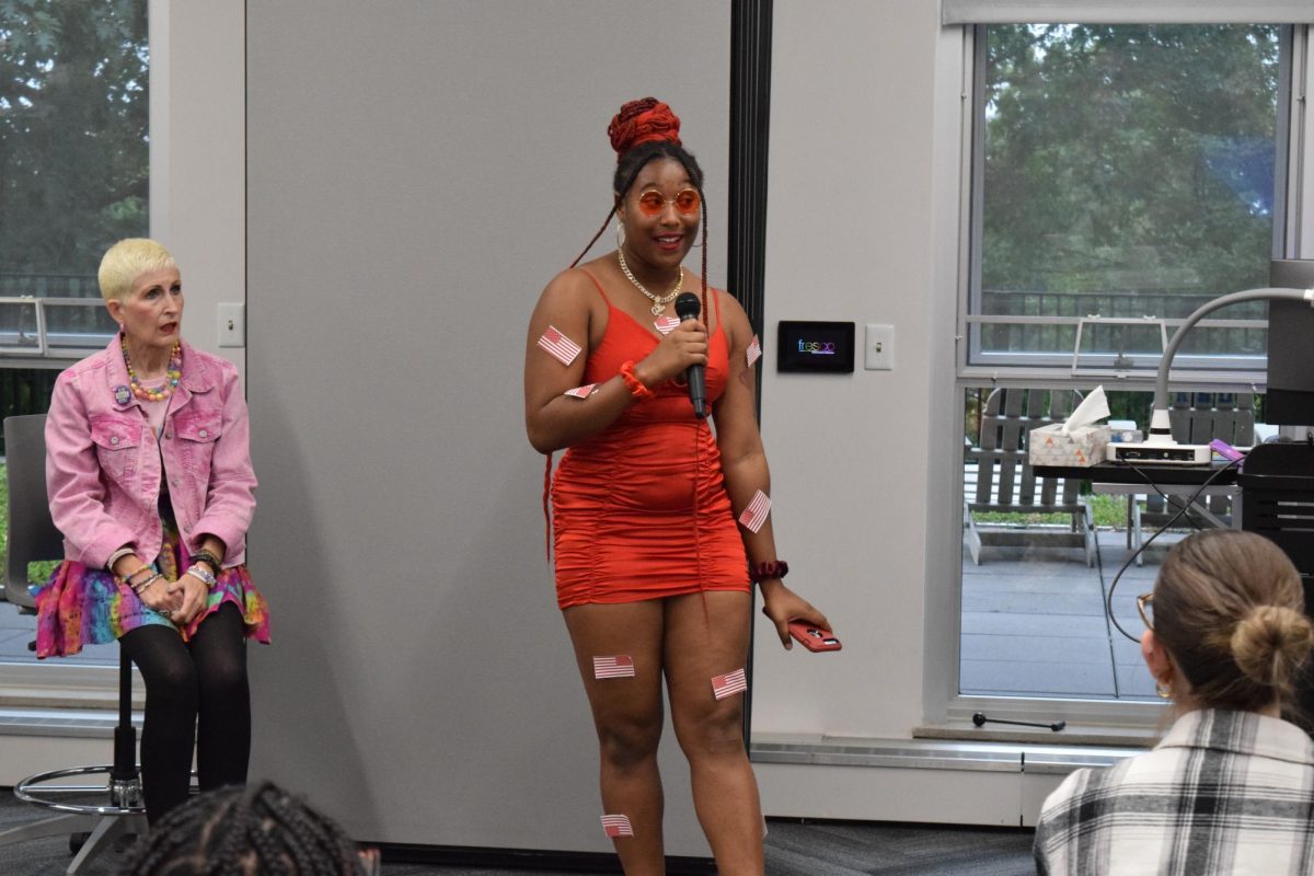 Kent State Student Jaelyn Brown dresses up as a red flag from one of her favorite banned books for the Read-In on Sept. 23, 2024.