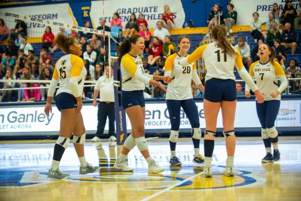 The Kent State Womens Volleyball team celebrating a point during their match against Youngstown State on Sept. 15th, 2023. 