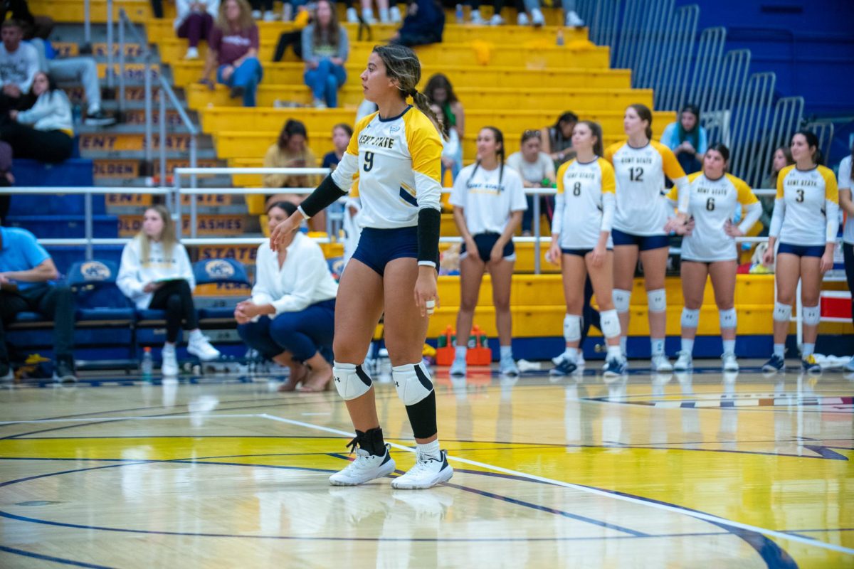 Kent State senior Karina Salinas watching her serve go over during the third set against Youngstown State on Sept. 15th, 2023. 
