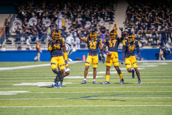 Kent State football team celebrates another first down against Central Connecticut during their home opener on Sept. 16, 2023. 