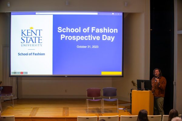 Kent State College of the Arts Coordinator Dylan Ratell leads the School of Fashion Prospect Day on Sept. 22, 2023. 