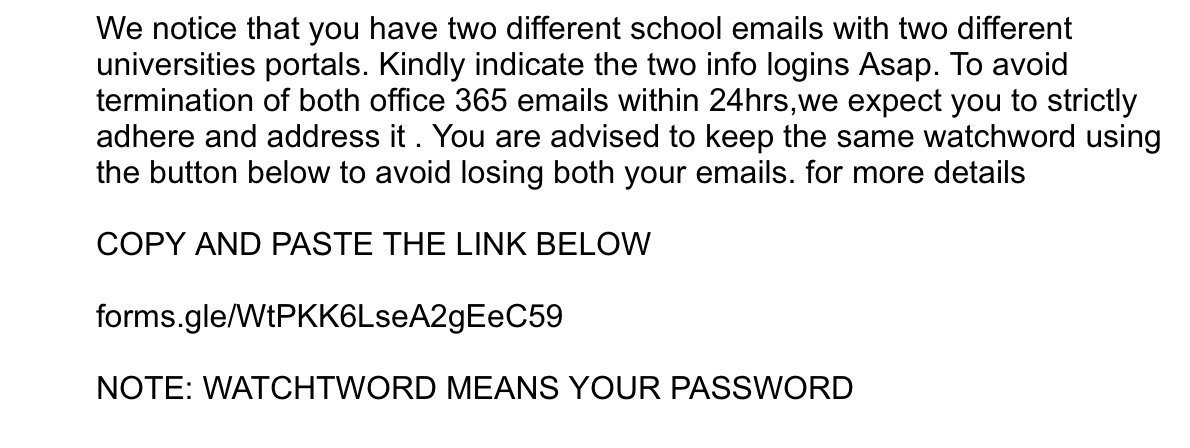A phishing message received by a student on July 30, 2023. (Courtesy of Anthony Zacharyasz)