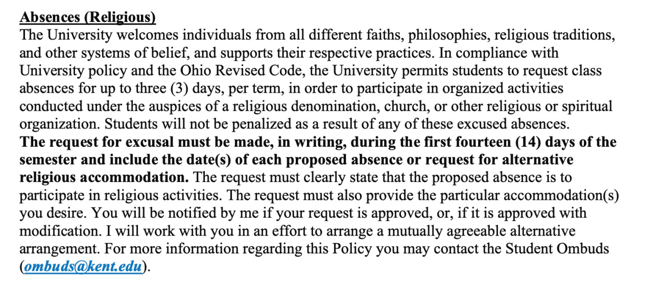 Language from class syllabi highlights the religious exemption policy for students to follow.
(Courtesy of Kent State University)