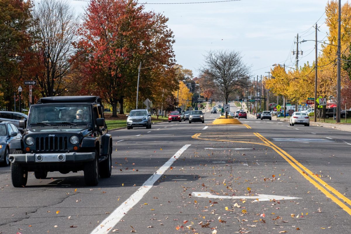 Traffic moves down East Main Street and along the edge of campus on Oct. 26, 2023.