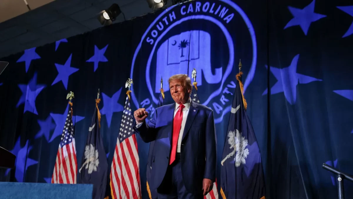 Former President Donald Trump gestures at a Republican fundraising dinner in Columbia, South Carolina, on August 5, 2023. (Sam Wolfe/Reuters)