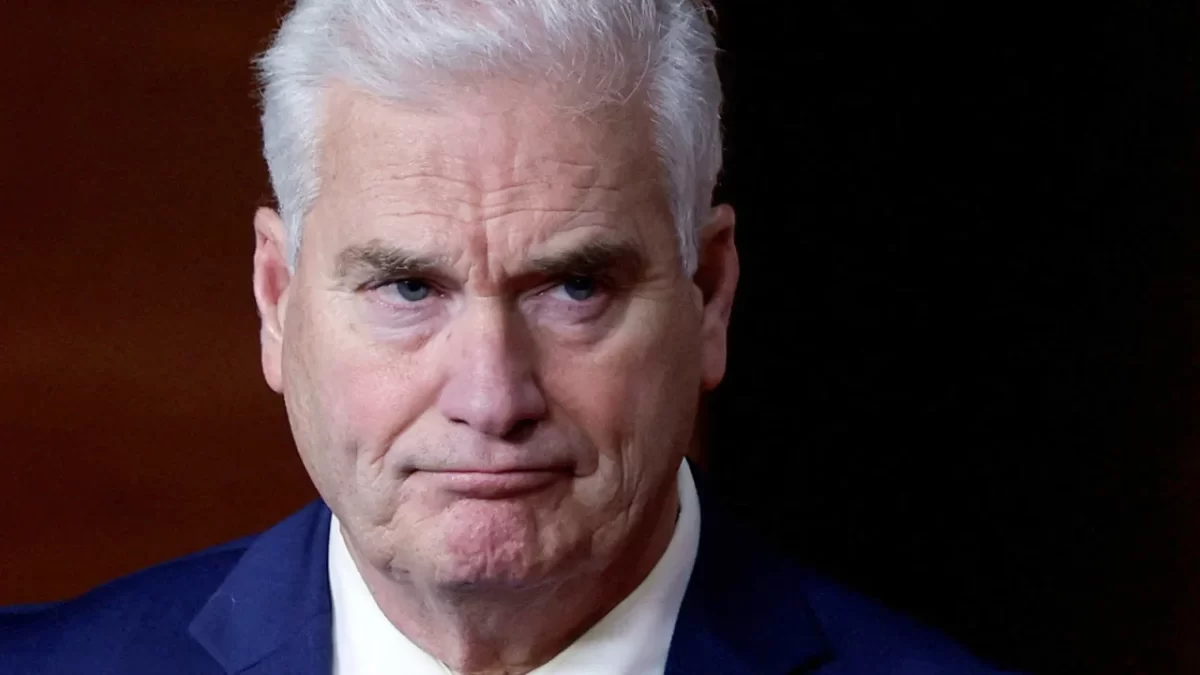 Rep. Tom Emmer speaks with reporters at the US Capitol in Washington, DC, on September 27, 2023. (Jonathan Ernst/Reuters/FILE)