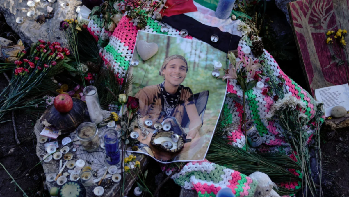 A makeshift memorial for environmental activist Manuel Paez Teran, who was killed by law enforcement officers during a raid to clear the construction site of a police training facility that activists have nicknamed "Cop City" near Atlanta.