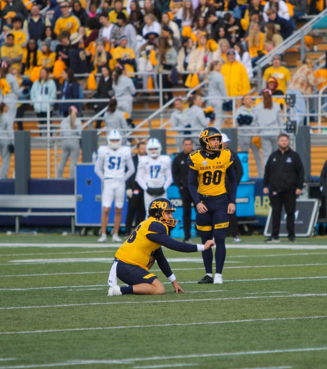 Kent State junior Andrew Glass prepares for the kick-off during the game against Buffalo on Oct. 21, 2023.