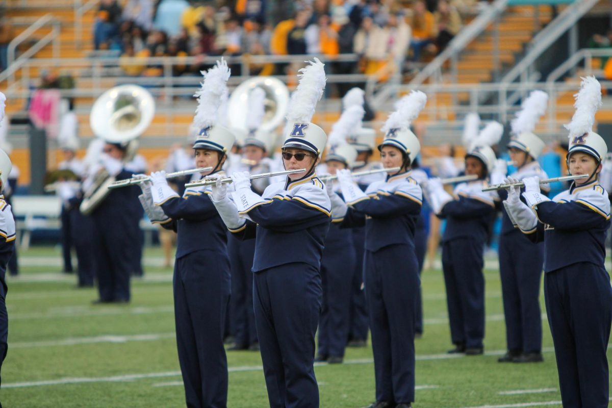 The Kent State marching band players during the homecoming football game on Oct. 21, 2023.