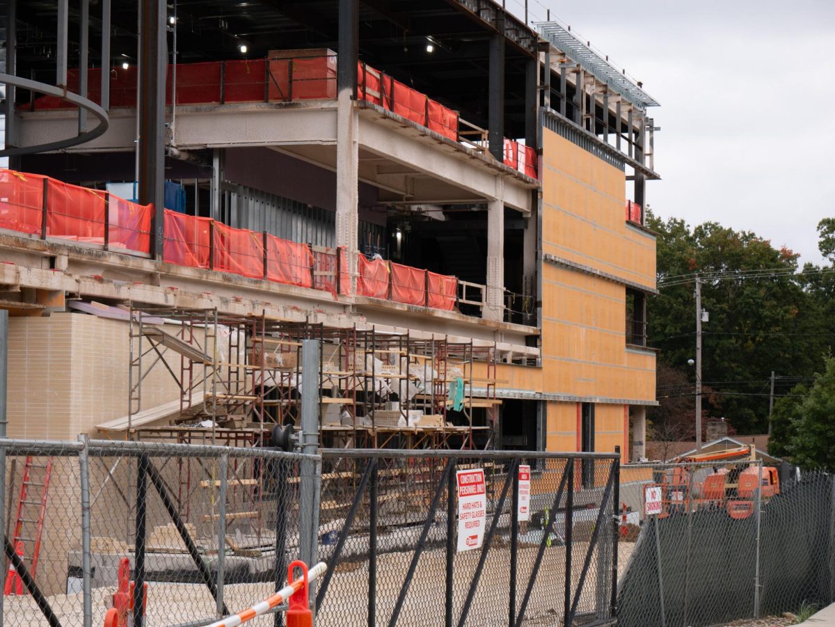 Construction underway at the Crawford Hall business building on Oct. 9, 2023.