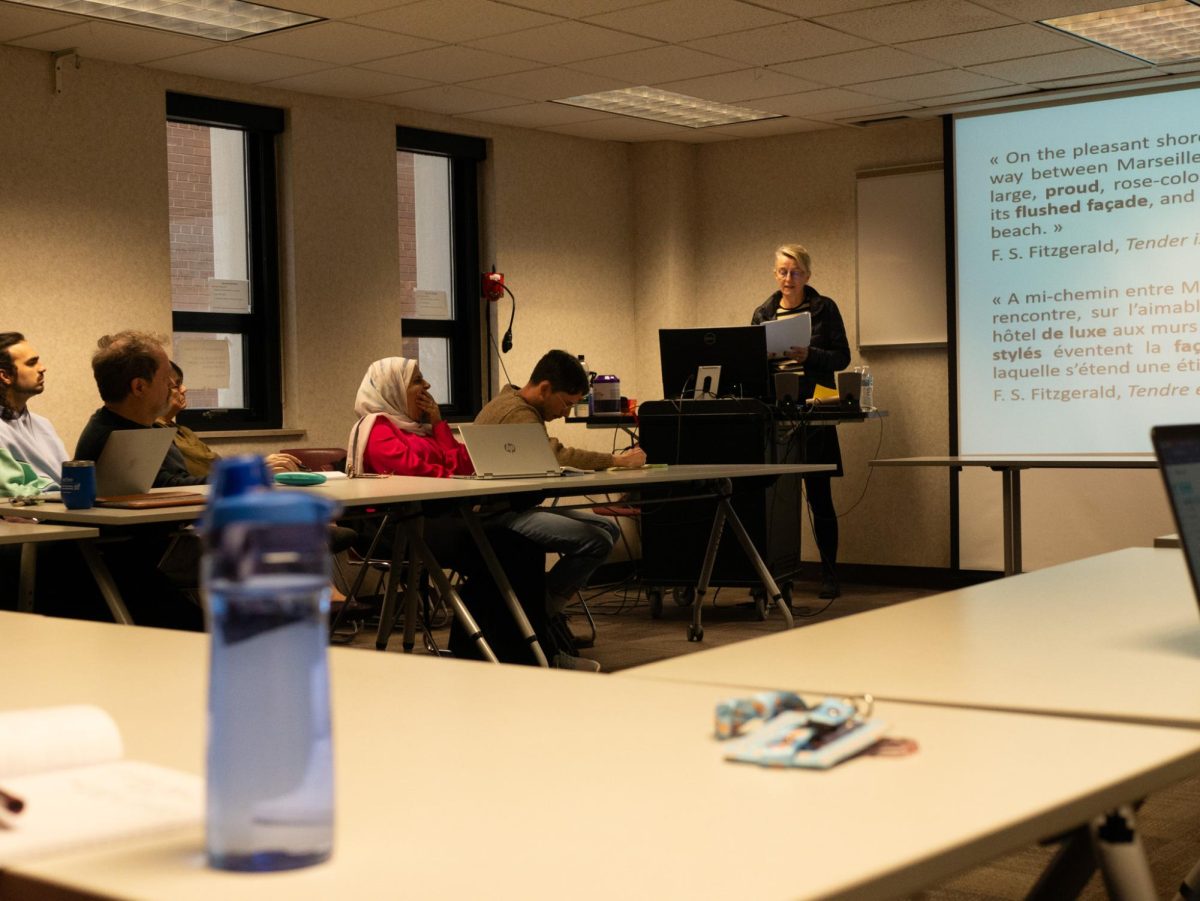 Véronique Béghain (center right) presents to students and faculty about the work of French translators in Satterfield Hall Oct. 20, 2023.