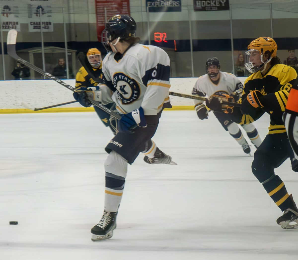 Kent States Austin Weber dances around West Virginias Marcus Barber to steal the puck during the Kent State Club Hockey Match on Nov. 10, 2023