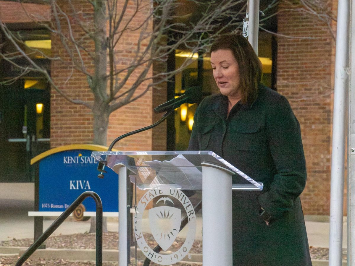 Kent State keynote speaker, College of Aeronautics and Engineering Associate Dean, Maureen R. McFarland, spoke about her time in the military along with her journey to Kent State and why she is still here, at the Veterans Day ceremony on Nov. 9, 2023. 