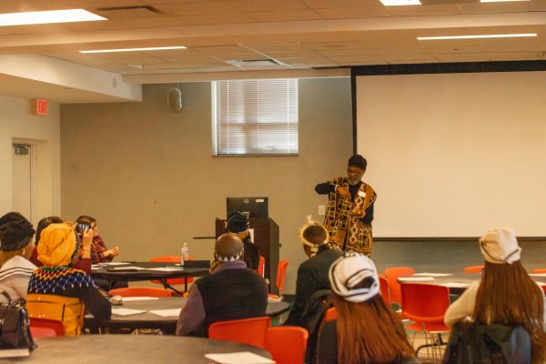 Mwatabu Okantah professor and chair, Department of Africana Studies at Kent State University giving a welcome message at the Heritage Ubuntu Student Fellowship welcome Ceremony on Nov. 30, 2023. 