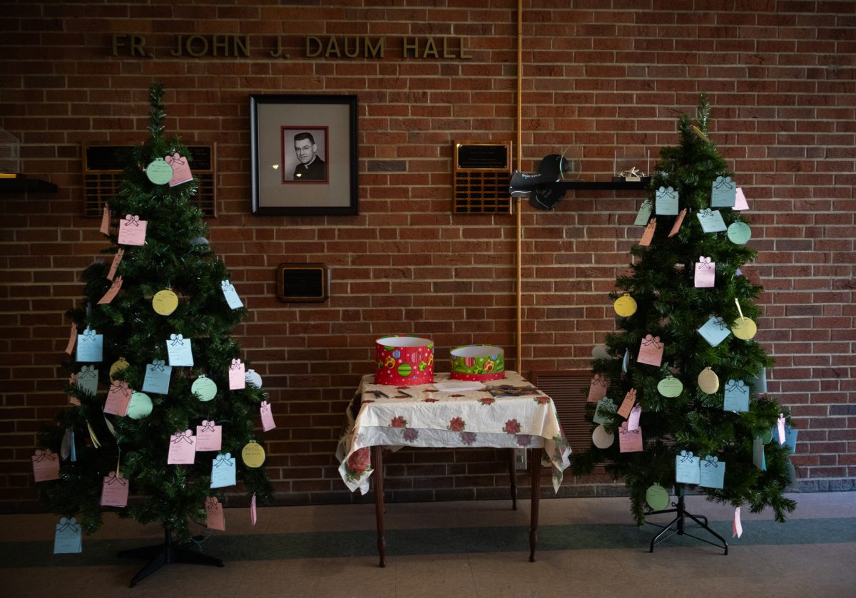 Christmas trees are set up in the University Parish Newman Center, located at 1424 Horning Road, on campus on Nov. 18, 2023.